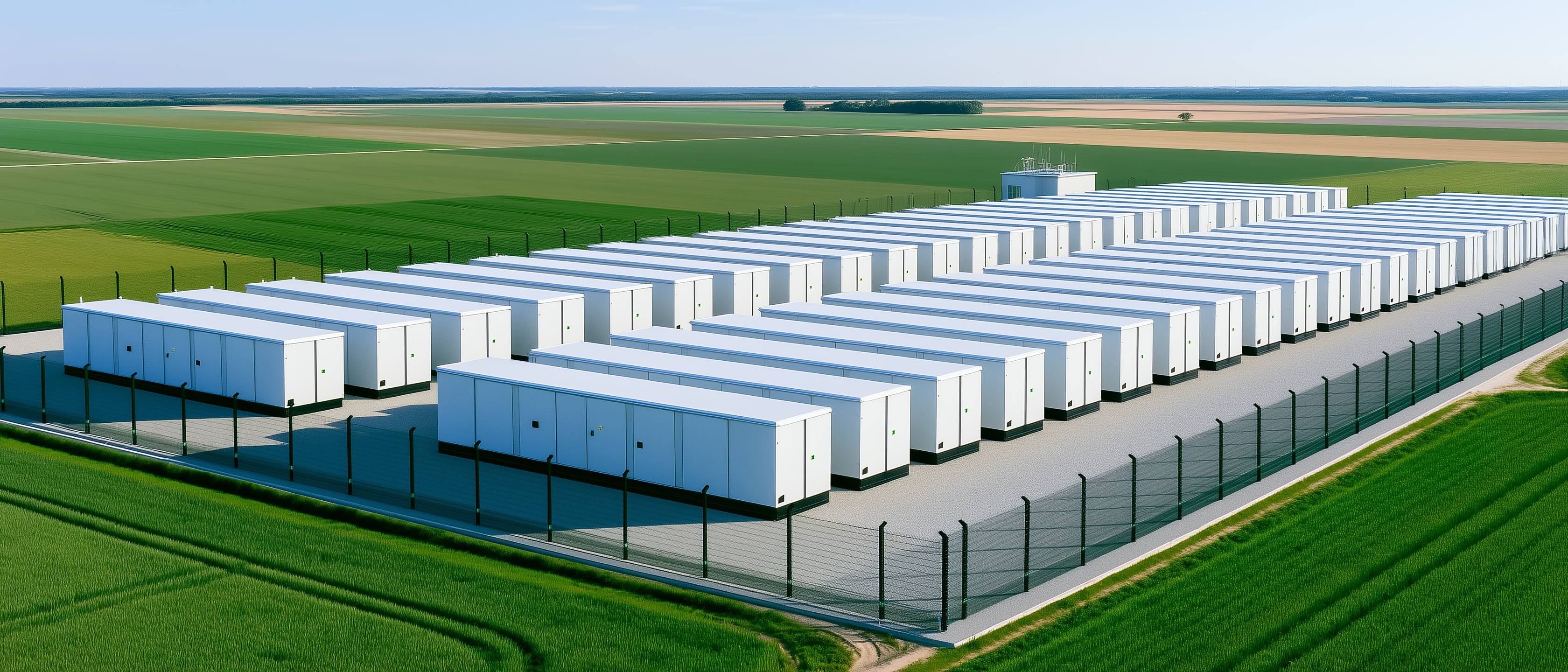 A grid-scale battery storage facility surrounded by green farmland