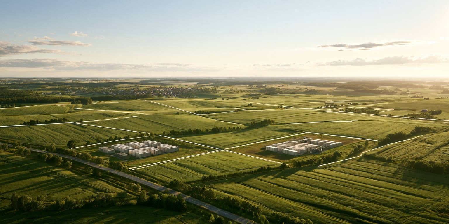 An aerial view of farmland with candidate battery storage sites outlined