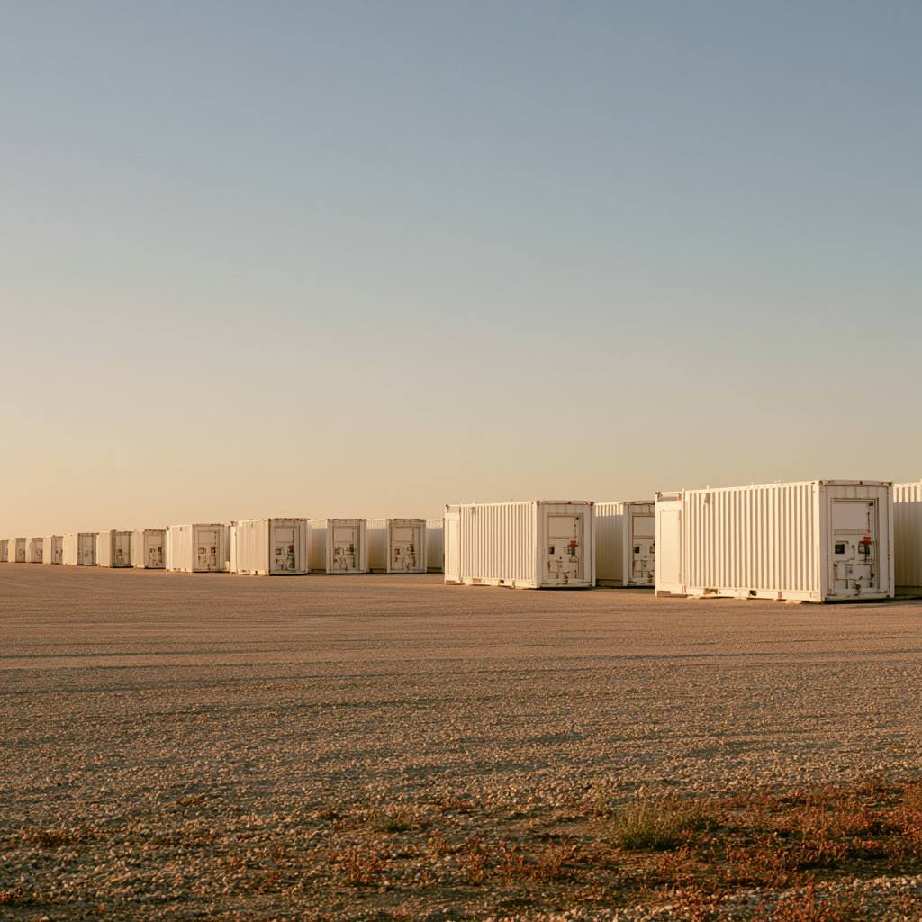 A lit battery storage site at blue hour, rows of containers behind a perimeter fence