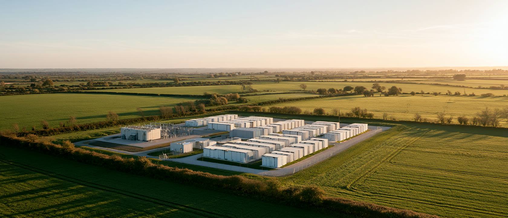 A battery storage facility surrounded by open farmland at sunset