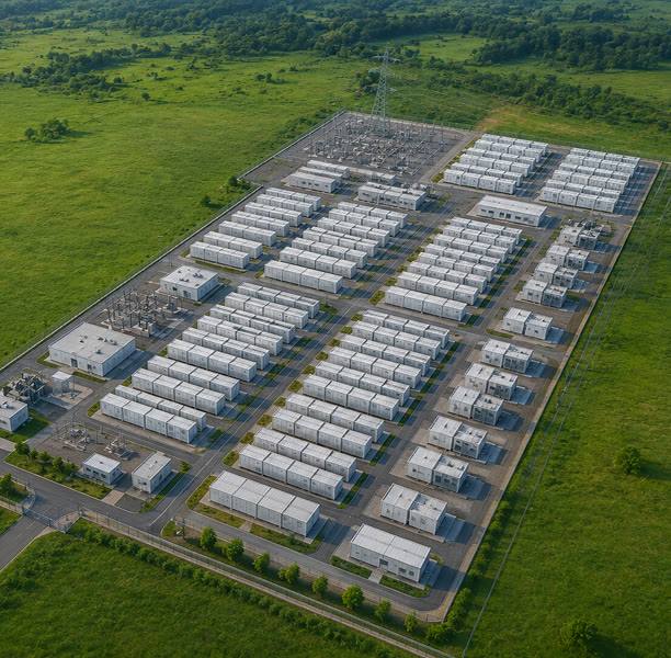 An operating battery energy storage site laid out in rows across open farmland