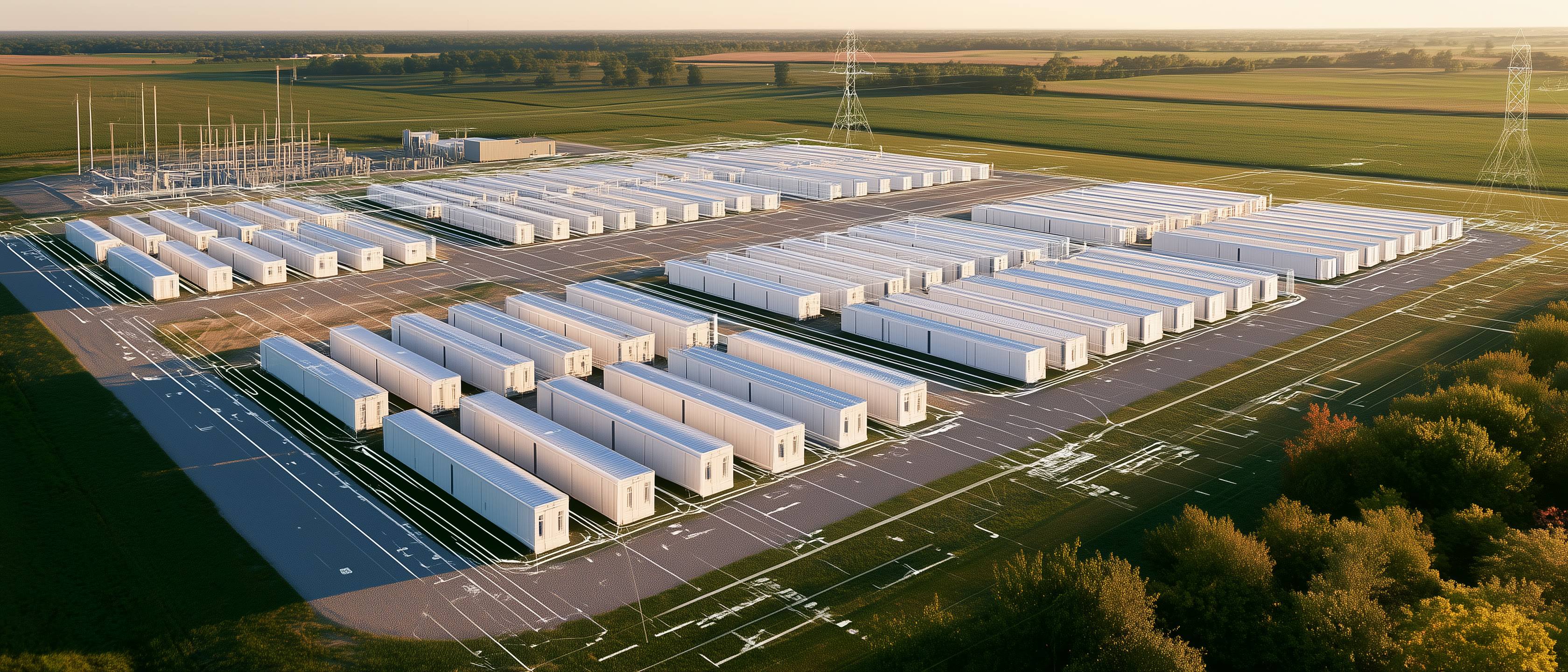 A battery storage site under construction, rows of containers laid out beside a substation