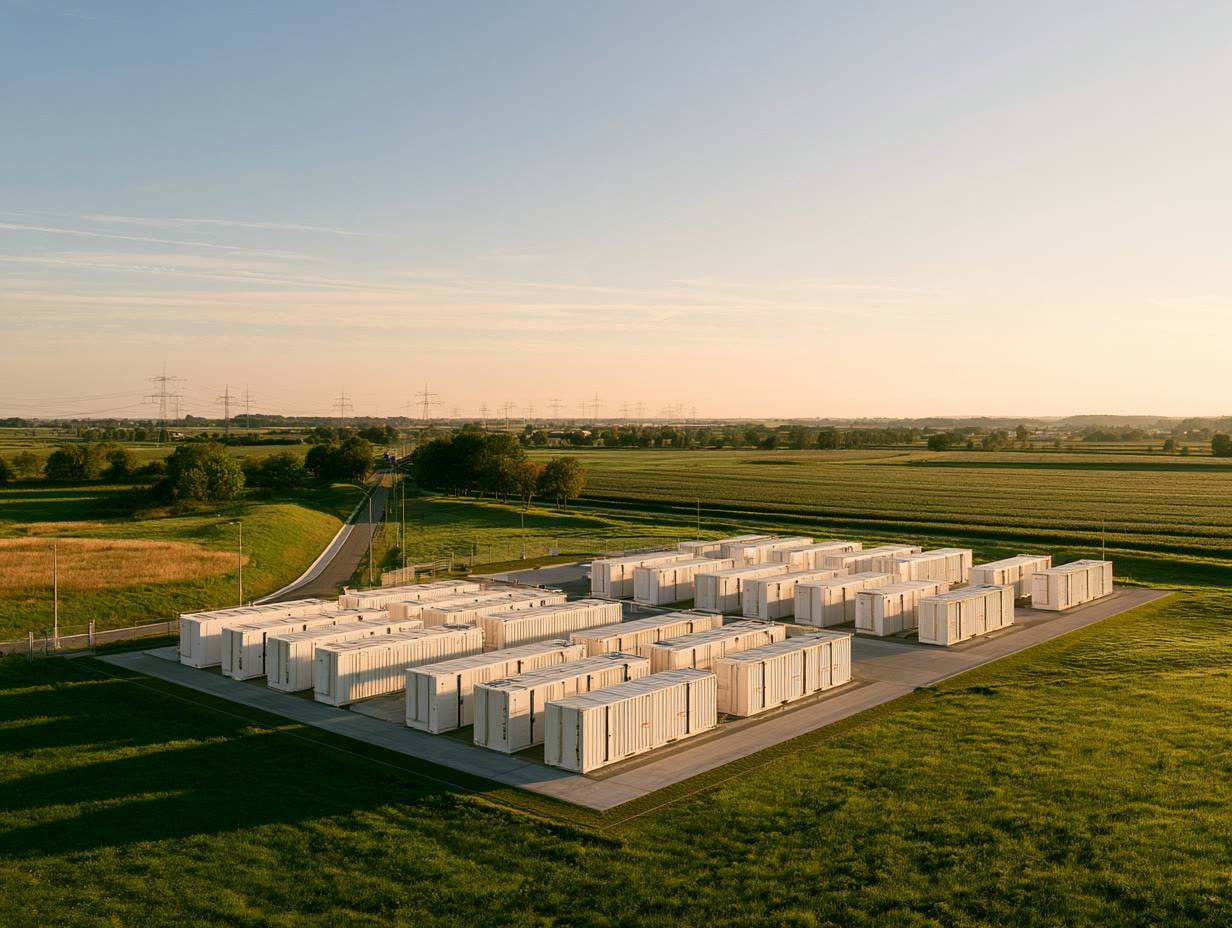 An aerial view of an operating battery storage site laid out in rows beside farmland