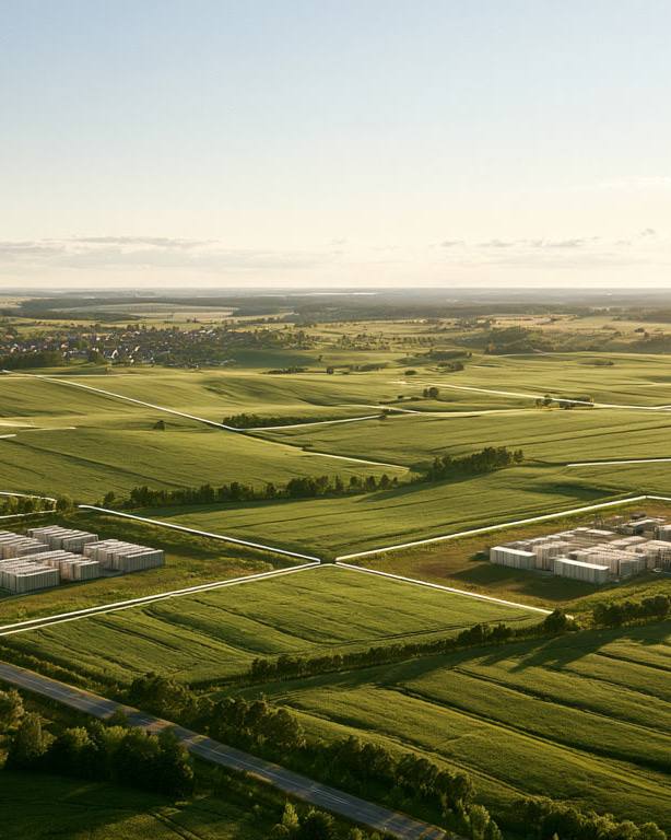 Two battery storage sites laid out across Polish farmland at golden hour